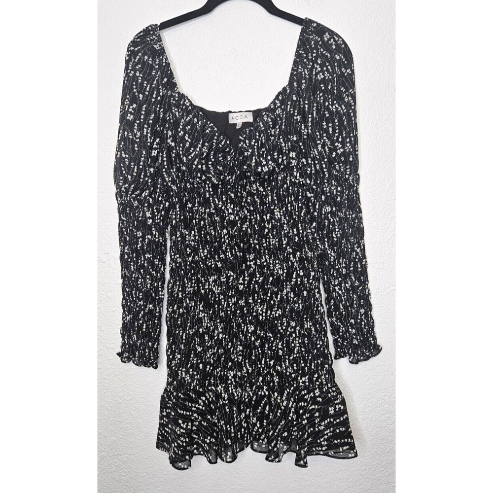ACOA Womens Mini Dress Medium Black White Floral Smocked Long Sleeve Ruffle Boho
